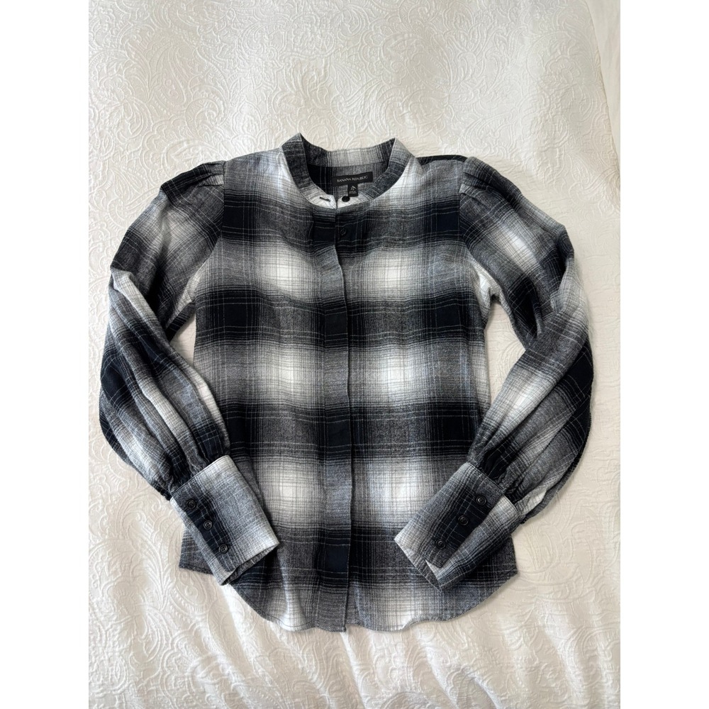 Banana Republic Womens XS Black White Plaid Flannel Band Collar Puff Sleeve Top